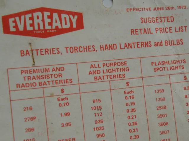 Rare 1972 Oz Eveready Batteries*Suggested Retail Price List & Comparative Types*