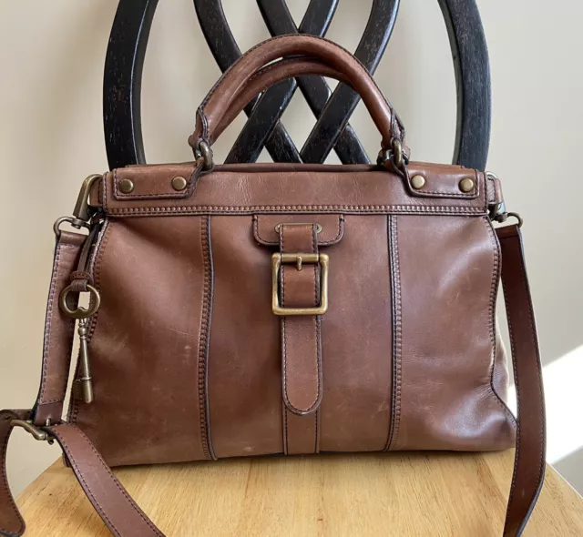 FOSSIL Vtg Revival Satchel Brown Leather Satchel Crossbody Handbag Purse Large