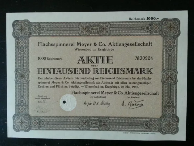 Historische Aktie - Flachsspinnerei Meyer & Co AG 1000 RM von 1942