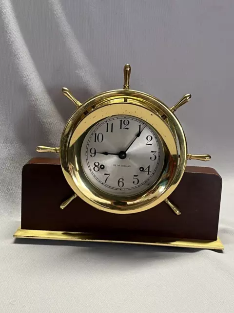 Vintage Seth Thomas Ships Wheel Mantle Clock - Wood Brass - No Key