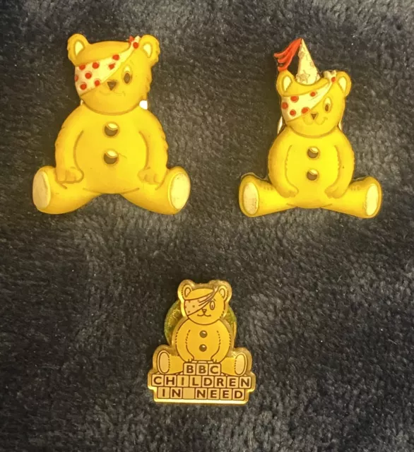 3 x Pudsey Bear Pin Badges BBC Children in Need Vintage Rare TV Bears