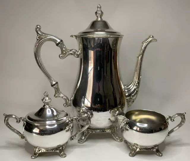 Wm Rogers Silverplated Coffee/Tea Pot Hinged Lid w/Sugar Bowl and Creamer