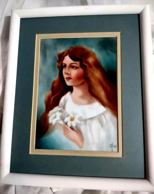 Framed Hand-Painted Porcelain Portrait Artist J.E. Helm Girl w White Daffodils