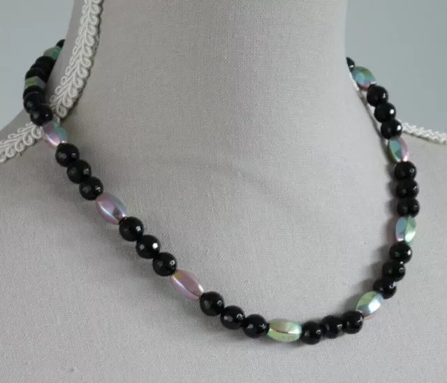 Black Agate & Hematite Necklace ~ Sterling Silver 18" In Length
