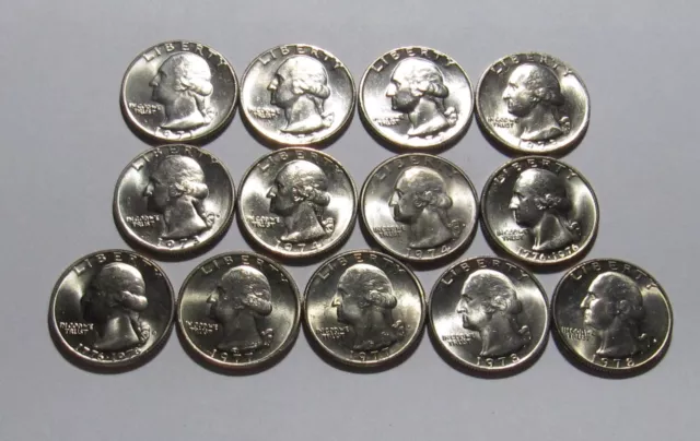 1971 to 1978 D (13 Coins) Washington Quarter - BU Condition - 84SU