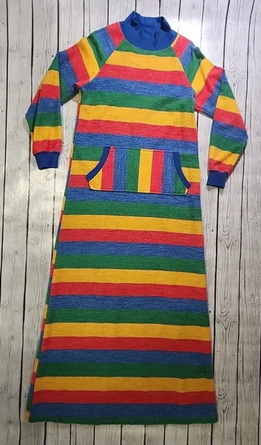 VTG 70s Sears Jr Bazaar Long Fleece Gown Dress Size S Rainbow Stripe USA Made