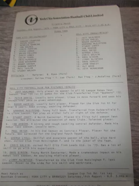 76-77 Friendly York City v Hull City single-sheet