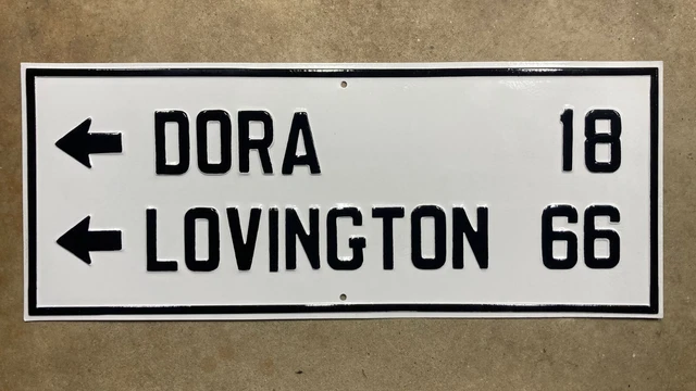 New Mexico highway guide sign Dora Lovington road embossed 1920s 36x15 0536