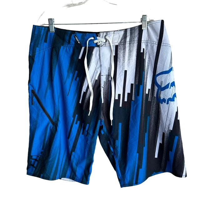 Fox Head Men's Board Shorts Size 38 Blue Striped Big Logo Stretch Swim Surf