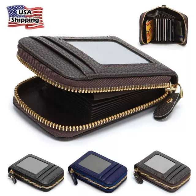 Men's Wallet Credit Card Holder Genuine Leather RFID Blocking Zipper Pocket Thin