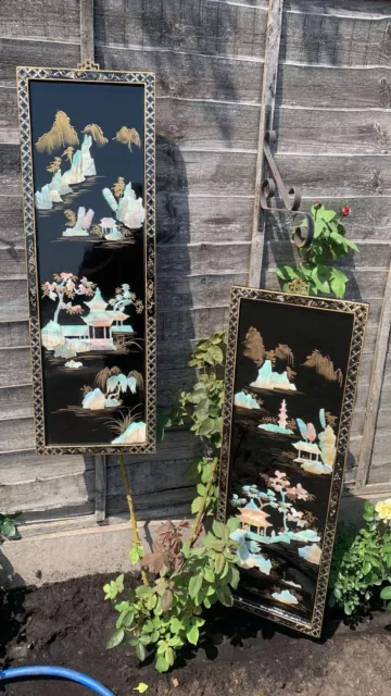 Beautiful Vintage Pair Of Chinese Oriental Mother Of Pearl Wall Hangers (C2)