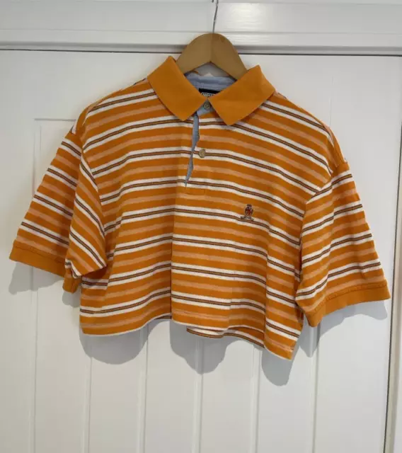 Tommy Hilfiger Jeans Crest Logo Preppy 12 Orange White Stripe Cropped Polo Shirt