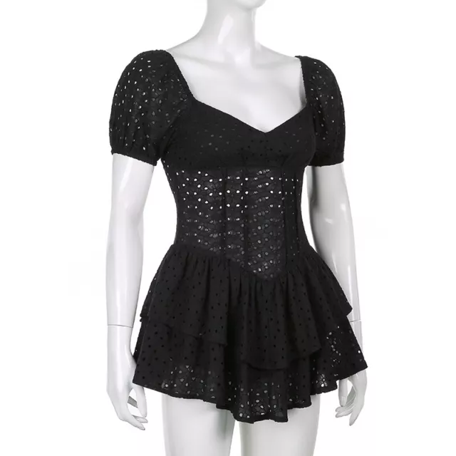 Donna Pizzo Mini Abito Gotico Traforato Puff Maniche a Balze collo Quadrato