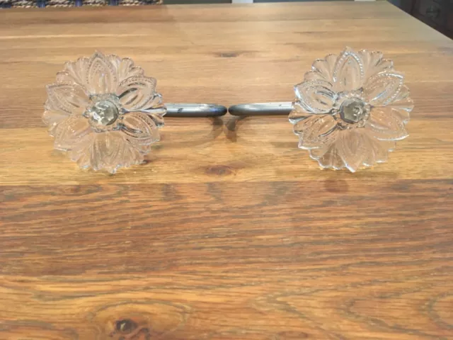 VTG Pair (2) Clear Pressed Glass Curtain Tiebacks - Flower Design