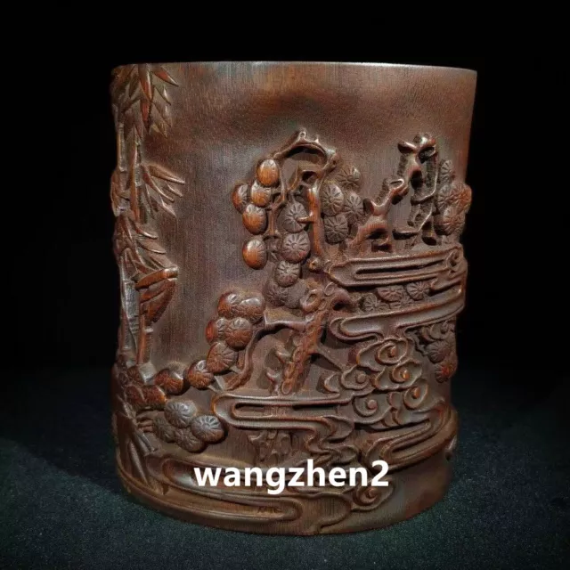 Chinese Wood brush pot Bamboo carving Pen holder with Character Story Pattern