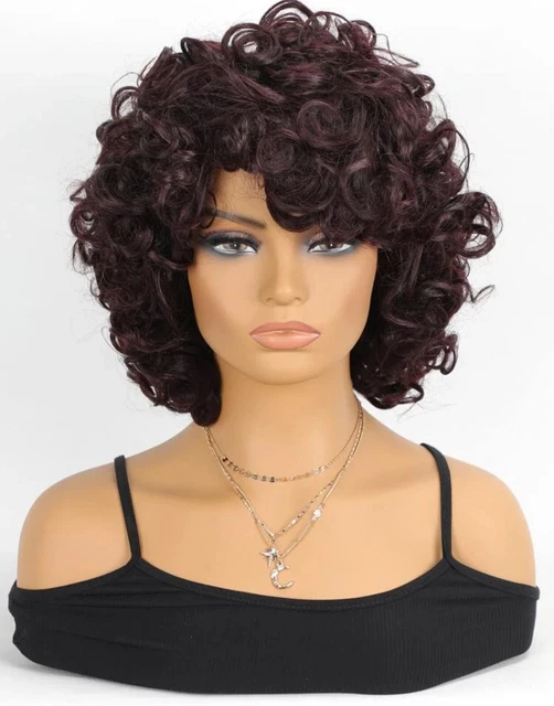 Perruque Courte Bouclée Femme - Cheveux Humains Indiens, Couleur Brun, Longueur 20cm, Frange, Neuve