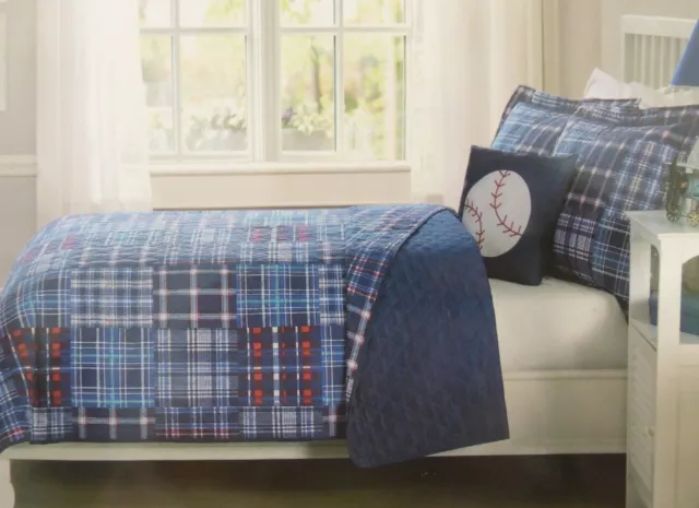 3 pc Kids Expressions Plaid Patch Twin Quilt, Sham & Deco Pillow Set NIP