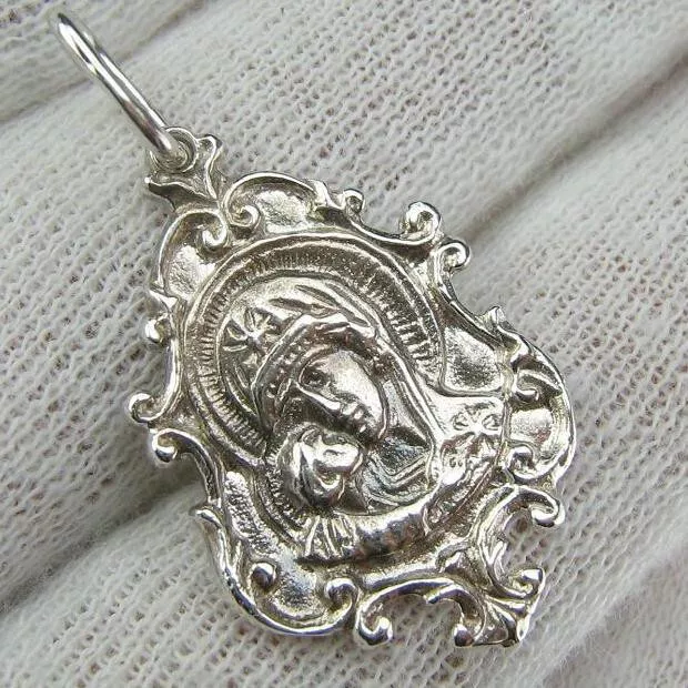 925 Sterling Silver Icon Pendant Tenderness Mother God Mary Vladimir Manual Work