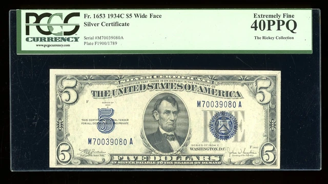 DBR $5 1934-C Silver Fr. 1653W MA Block Wide Face PCGS 40 PPQ Serial M70039080A