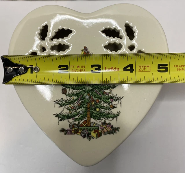 SPODE Christmas Tree Pierced Heart Shaped Porcelain Trinket Jewelry Box w/Lid 11