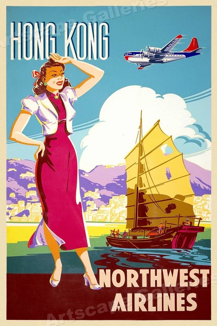 1950s Northwest Airlines to Hong Kong - Vintage Style Travel Poster - 24x36