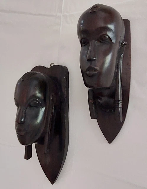 Coppia Stupende Teste Tribali Ebano Intagliato A Mano Arte Africana da appendere