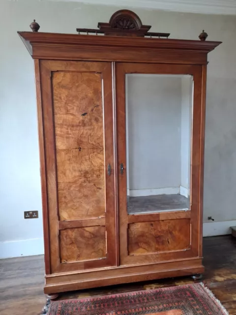 Large Antique Walnut Wardrobe with mirrored door