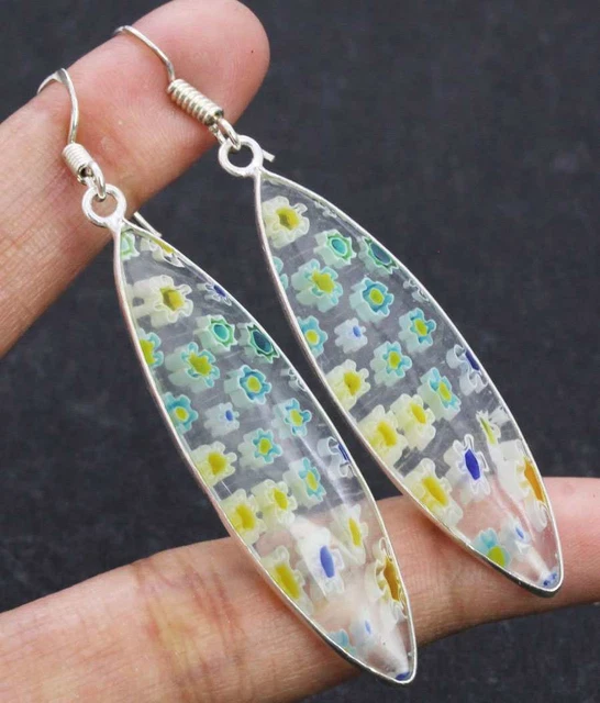Dichroic Glass 925 Silver Plated Handmade Earrings of 2.2" Ethnic Gift