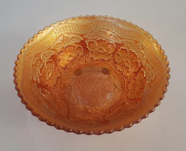 Vintage Fenton Two Flowers Footed Marigold Carnival Glass 7 1/4" Bowl