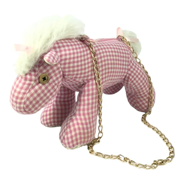 Olly & Me Pink/White Check Plush Horse/Pony Purse 10”x7” W/26” Strap