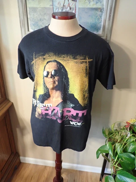 Vintage Bret Hart WCW Wrestling T-Shirt Size L 1998 Hitman Hart Foundation WWF