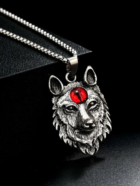Collana catenina uomo con ciondolo lupo testa gemma rossa colore argento