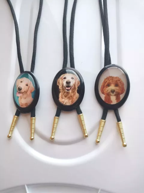 Lot 3 Dog Lovers Bolo Ties, 4mm Black Cord, 1.25 Gold Tips ( Photos Of Items)