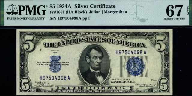 FR. 1651 $5 1934-A Silver Certificate H-A Block Superb PMG CU67 EPQ 2