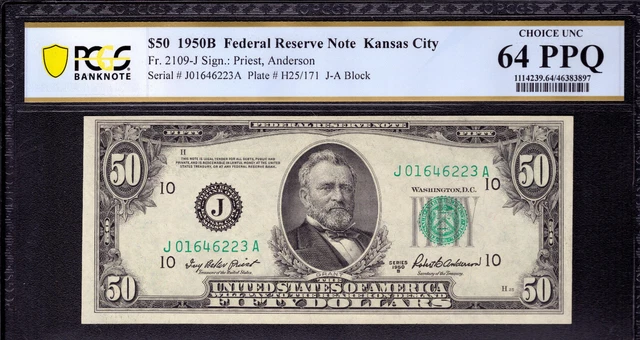 1950 B $50 Federal Reserve Note Kansas City Fr.2109-J Ja Block Pcgs B Cu 64 Ppq