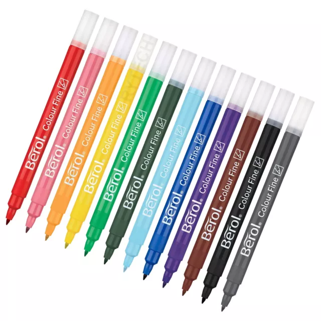 12 x Assorted Berol Colour Fine Colouring Pens Art Kids Writing Drawing Craft