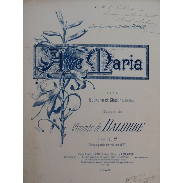 DE BALORRE Vicomte Ave Maria Dédicace Chant Orgue ou Harmonium ca1900