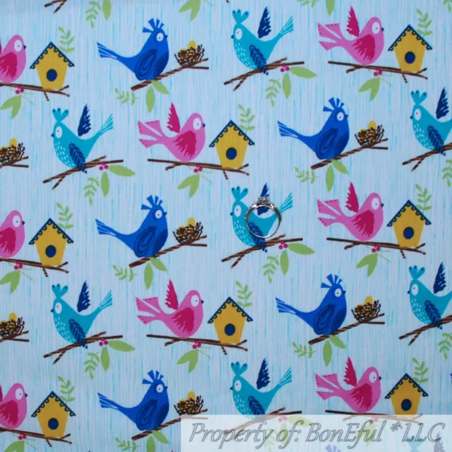 BonEful FABRIC FQ Cotton Quilt White Blue Spring Bird House Tree Branch Stripe S