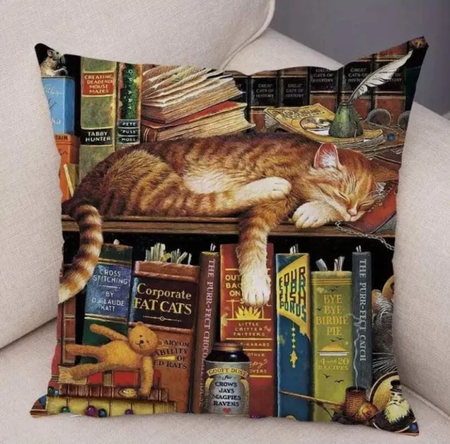 CAT ON  BOOKSHELF Cushion Cover 45 X 45cm pillow case GIFT Home Decor