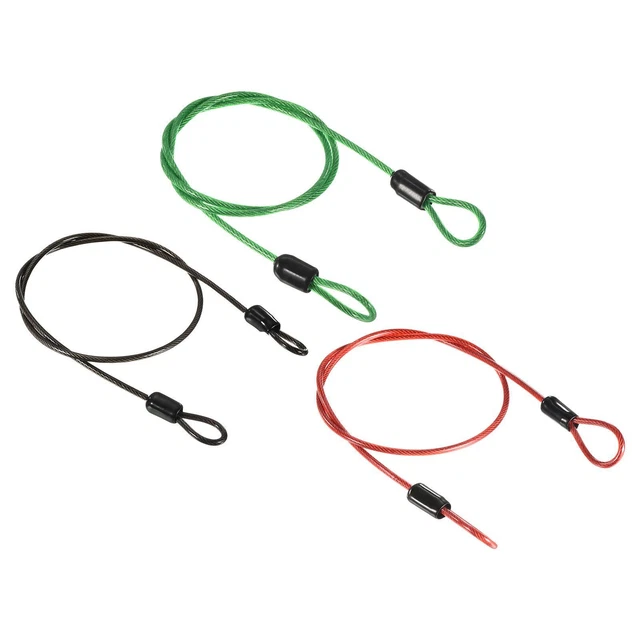 Security Cable 2.5mmx0.5m Coated Rope w Loop Black,Green,Red 3Pcs