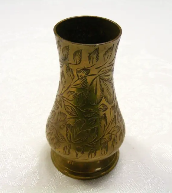 Vintage Brass Bud Vase Etched Leaf Design Pattern Made in India 5-e
