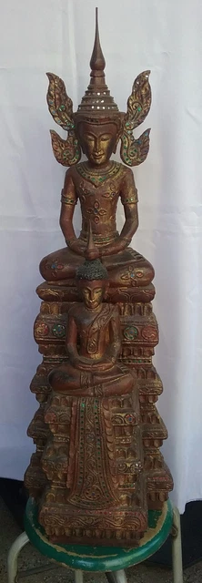 19th Century Mandalay Teak Double Buddha Buddhist Temple Relic Ornament 37"