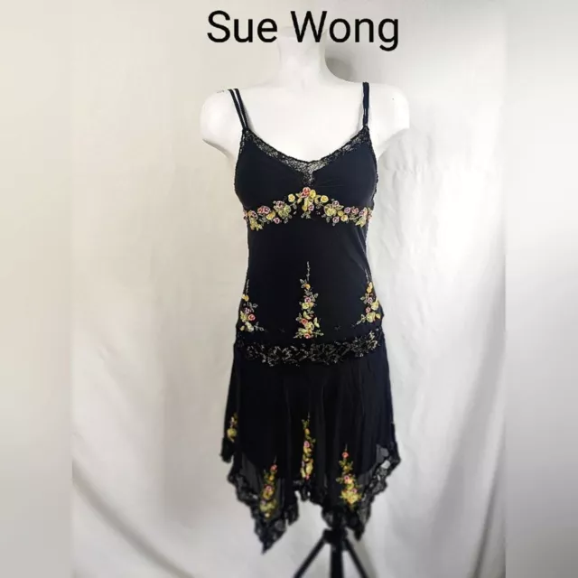 Vintage Sue Wong Black Silk Spaghetti Strap Dress Embroidery Beads Asymmetrical