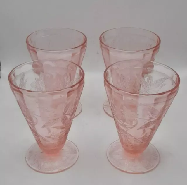4 Vintage Footed Jeanette Pink Depression Glass Cherry Blossom Juice Glasses
