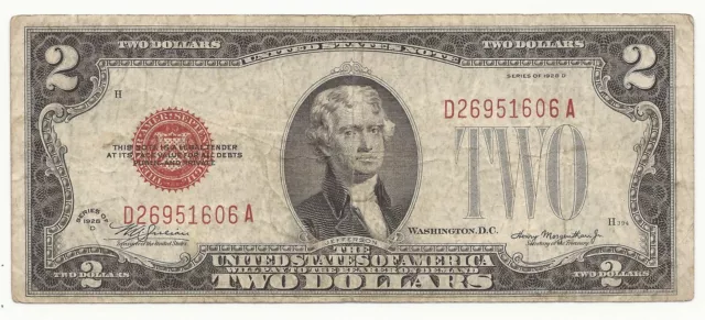 1928-D $2 Two Dollar Bill Red Seal United States Note VG/FINE FREE SHIPPING