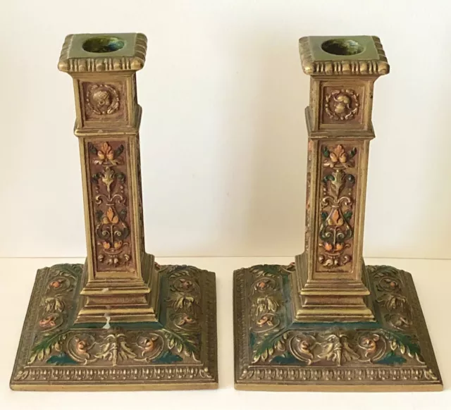 ANTIQUE POLYCHROME CANDLE HOLDER PAIR AMW Art Metal Works Newark RONSON