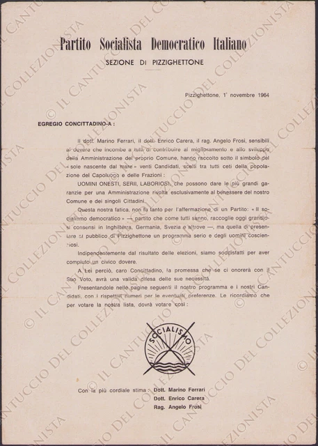 1964 PIZZIGHETTONE Partito Socialista Democratico Italiano Socialismo Propaganda