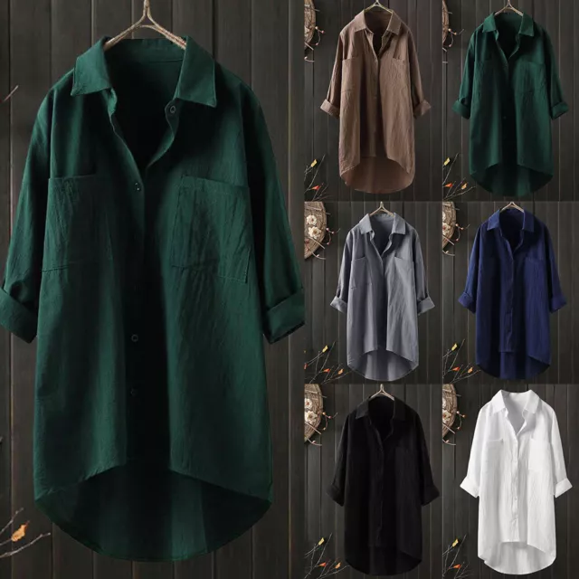 Plus Size Women Linen Cotton Shirt Dress Casual Baggy Tunic Long Blouse Tops Tee 2