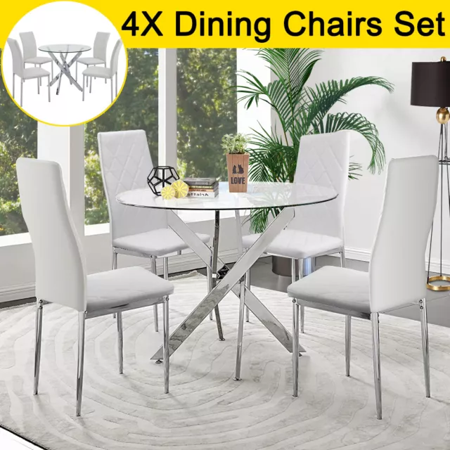 Tempered Glass Dining Table and 4 Faux Leather Chairs Set Home Kitchen Furniture