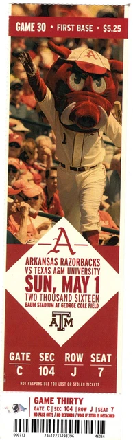 Arkansas Razorbacks SEC Baseball Ticket Stub Texas A&M 5/1/16 Baum Stadium Ribby